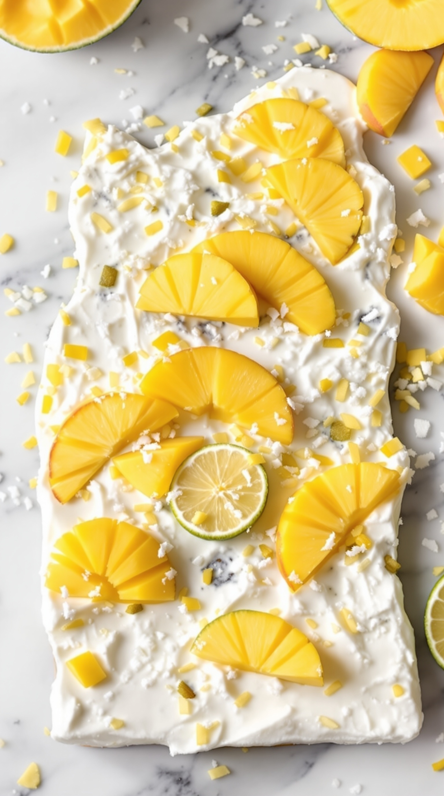 Mango Lime Zest Cottage Cheese Bark with mango slices and lime on top