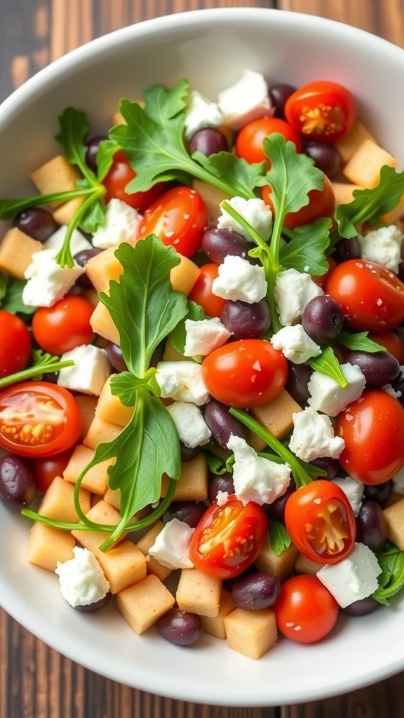 A vibrant Mediterranean bean salad with black beans, cherry tomatoes, feta cheese, and arugula.