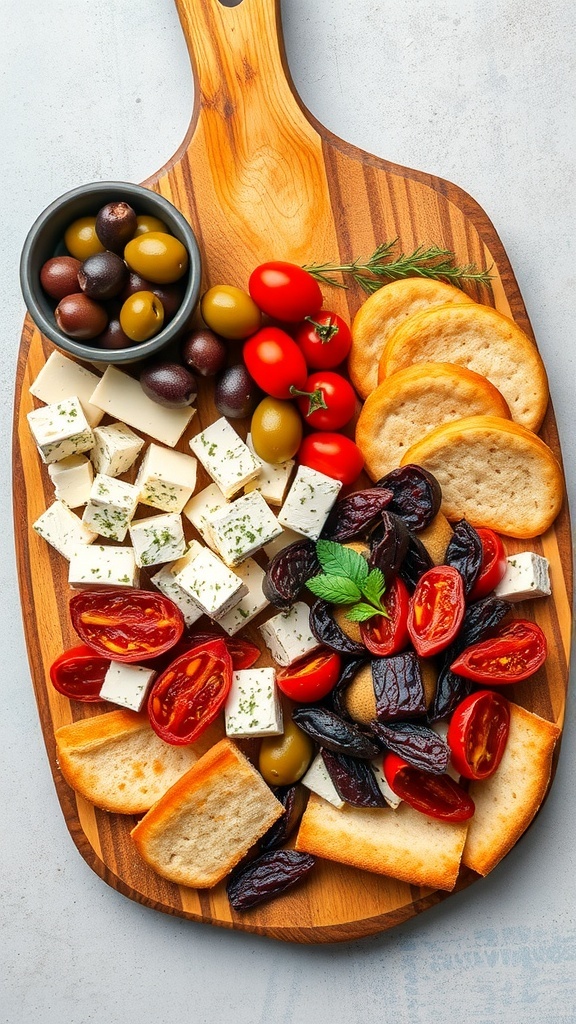 A Mediterranean charcuterie platter featuring feta cheese, olives, cherry tomatoes, sun-dried tomatoes, and crackers on a wooden board.