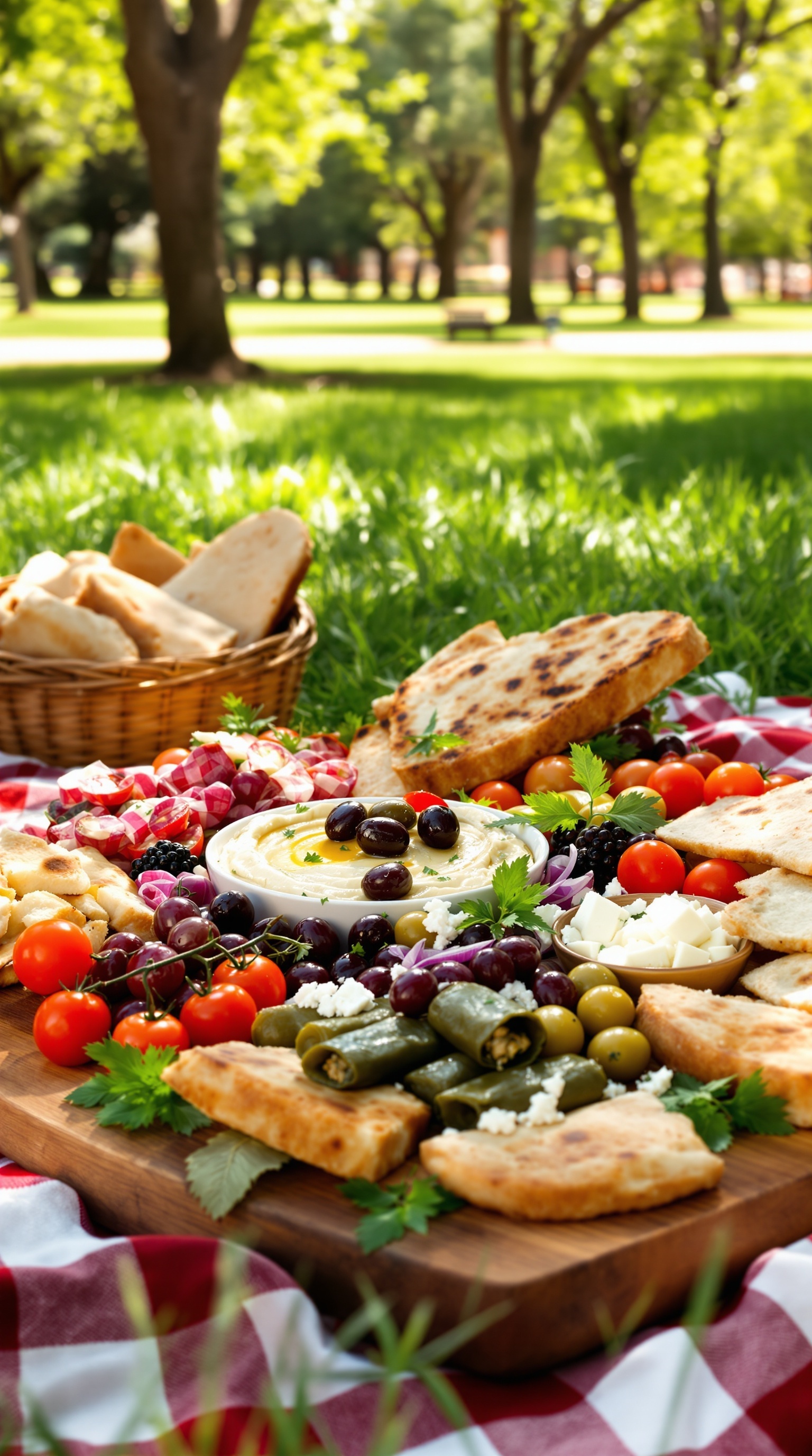 A colorful Mediterranean mezze platter featuring hummus, olives, cherry tomatoes, stuffed grape leaves, feta cheese, fresh vegetables, and pita bread, set on a picnic blanket in a sunny park.