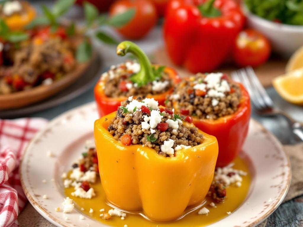 Mediterranean stuffed peppers filled with quinoa, tomatoes, olives, and feta cheese, garnished with parsley.