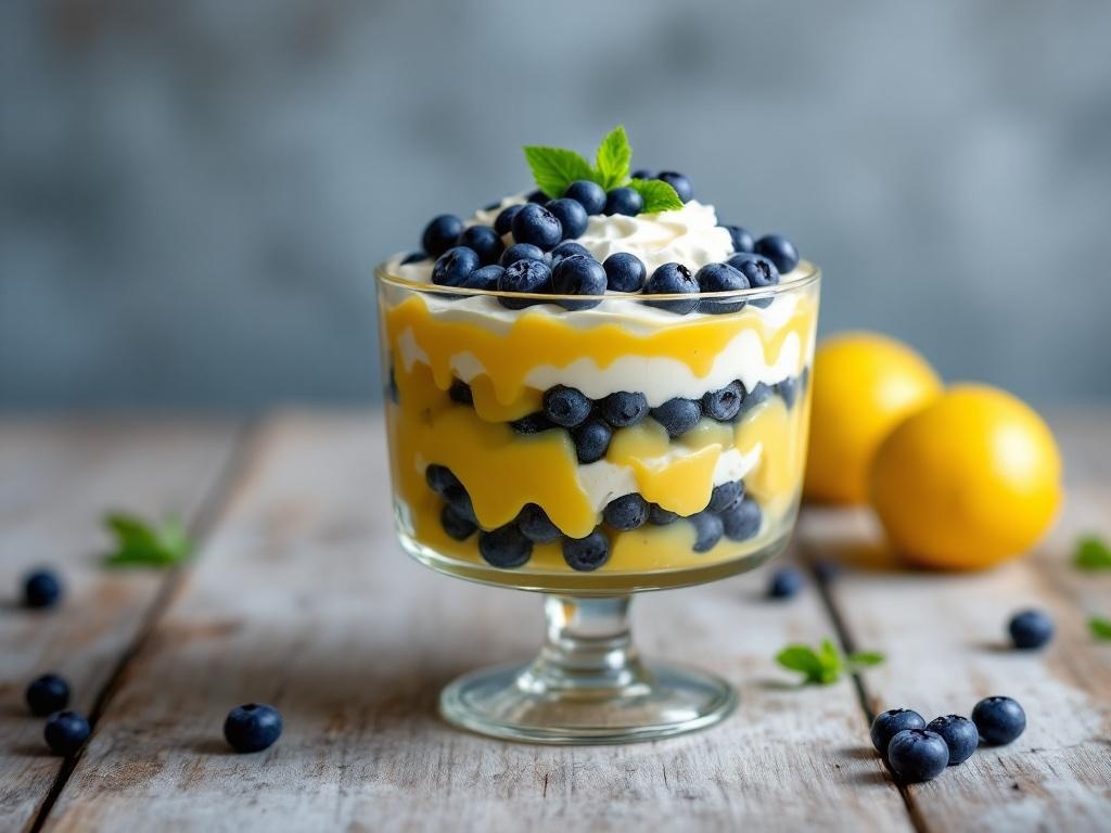 A delicious Meyer Lemon Blueberry Trifle with layers of lemon curd, whipped cream, and fresh blueberries.