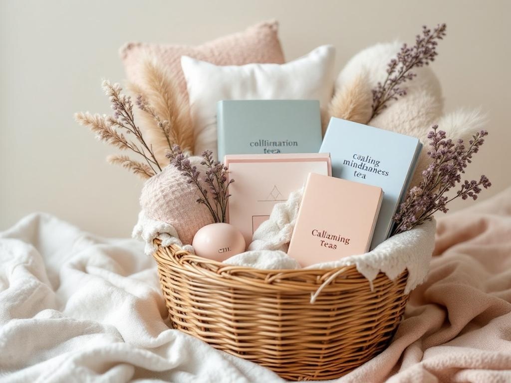A wicker basket filled with calming teas, journals, and decorative elements for mindfulness and meditation.