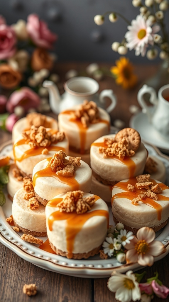 Mini Biscoff cheesecakes topped with caramel and cookie crumbs on a decorative plate