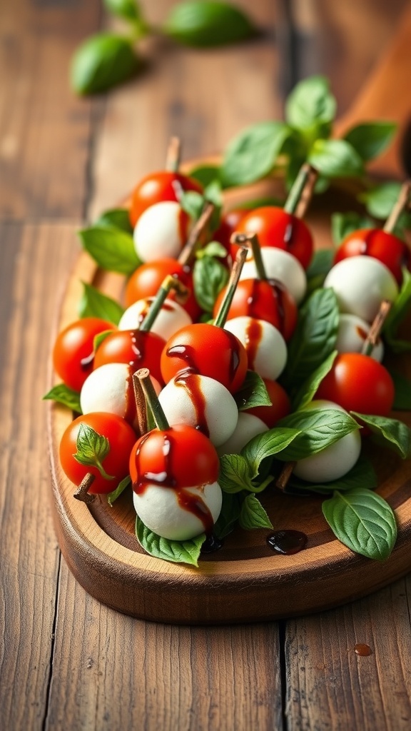 A wooden platter with mini Caprese skewers featuring cherry tomatoes, mozzarella balls, and fresh basil, drizzled with balsamic glaze.