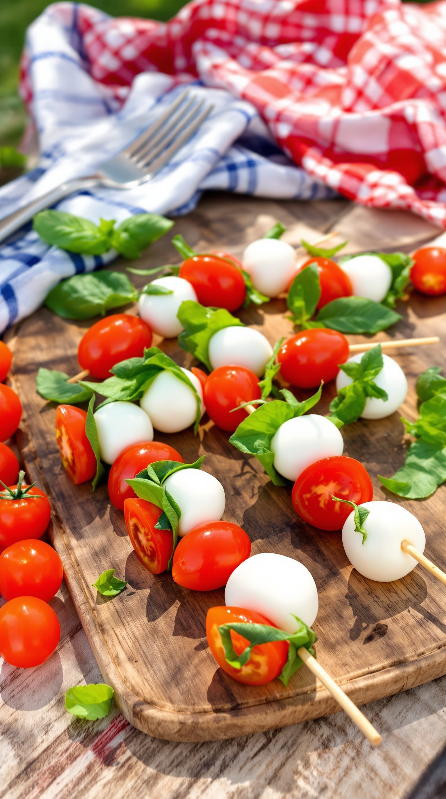 Mini Caprese skewers with cherry tomatoes, mozzarella balls, and basil leaves on a wooden board