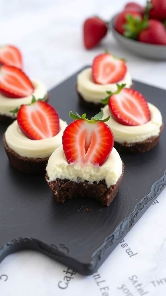 Mini chocolate-strawberry cheesecakes topped with fresh strawberries