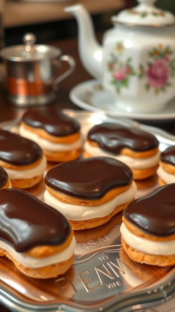 A platter of mini eclairs topped with chocolate glaze.