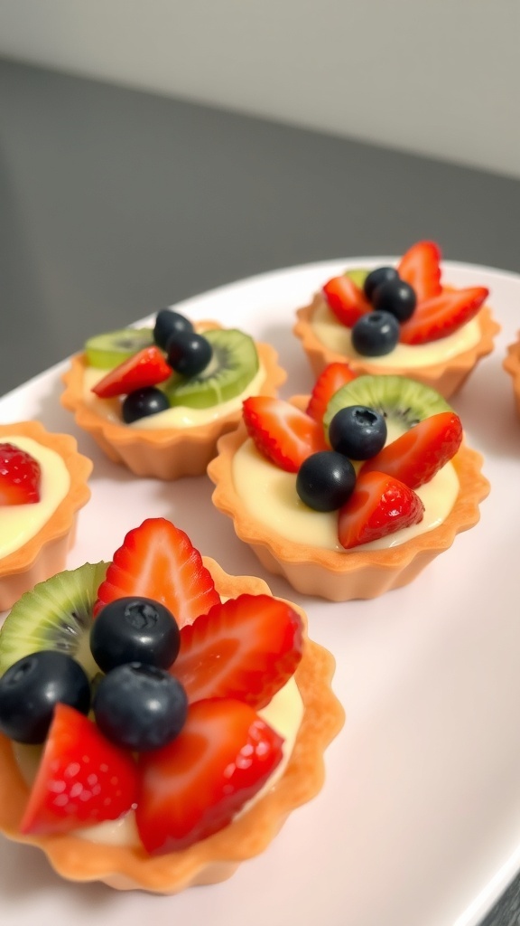 A plate of mini fruit tarts topped with strawberries, blueberries, and kiwi slices