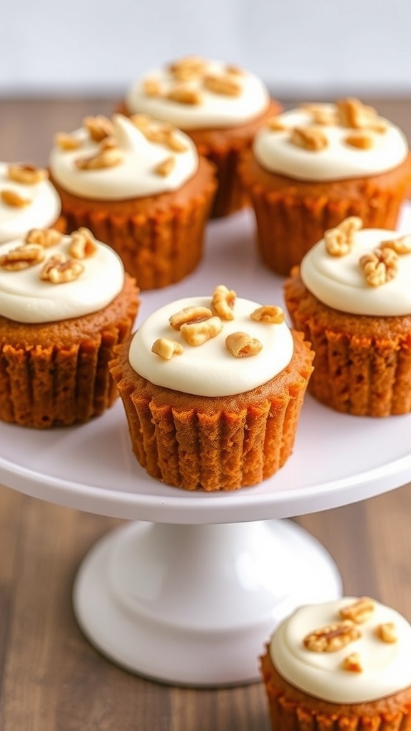 Mini ginger carrot cakes topped with cream cheese frosting and walnuts
