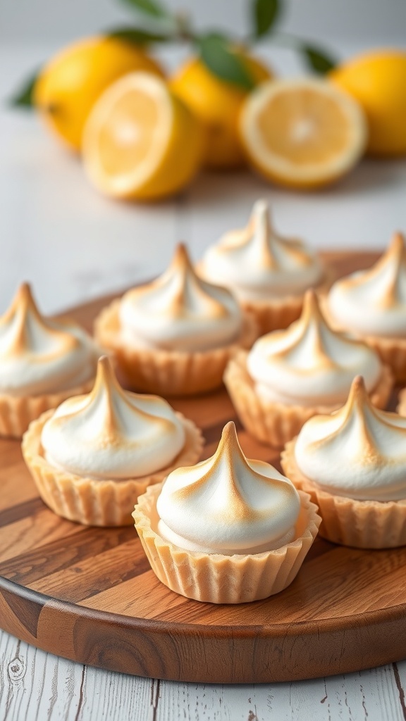 Mini lemon meringue tarts on a wooden platter with fresh lemons in the background.