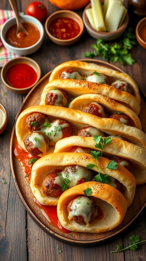 A platter of mini meatball subs topped with melted cheese and garnished with parsley, surrounded by bowls of sauces and fresh ingredients.