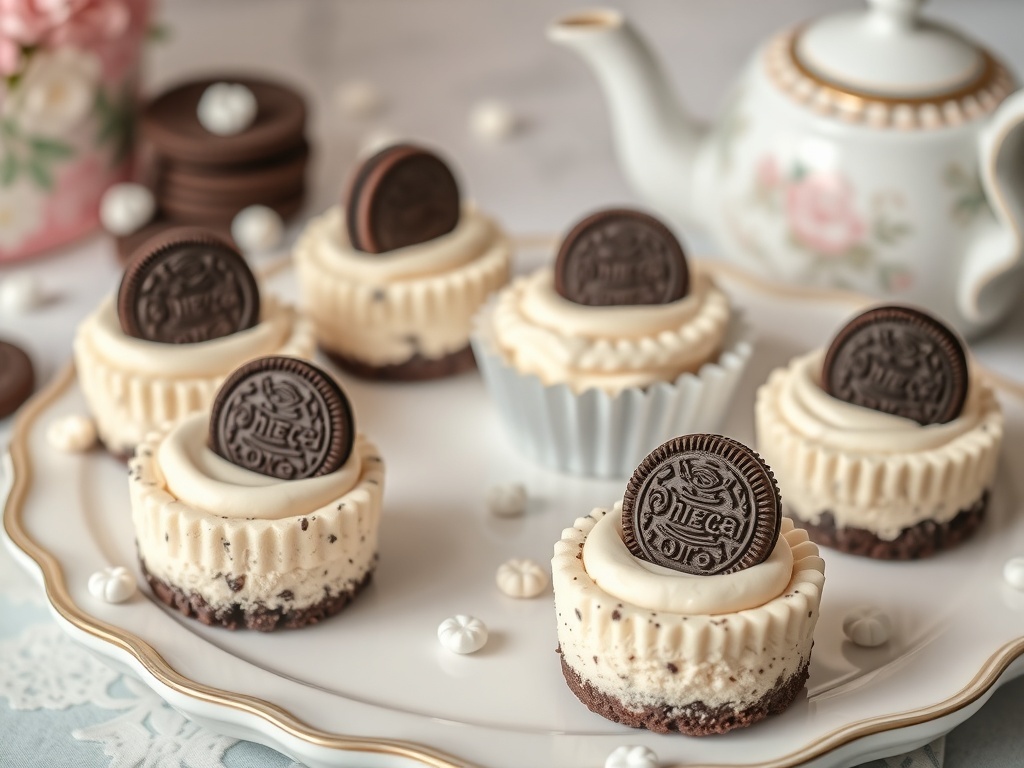 Mini Oreo cheesecakes on a decorative plate with a teapot in the background.