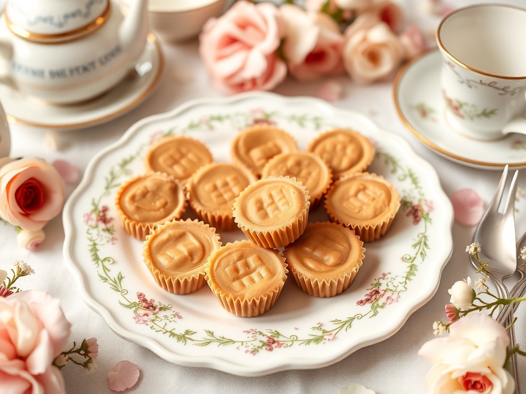 A plate of mini peanut butter cups surrounded by roses and a teapot.