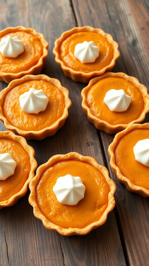 Miniature pumpkin pies with whipped cream on top