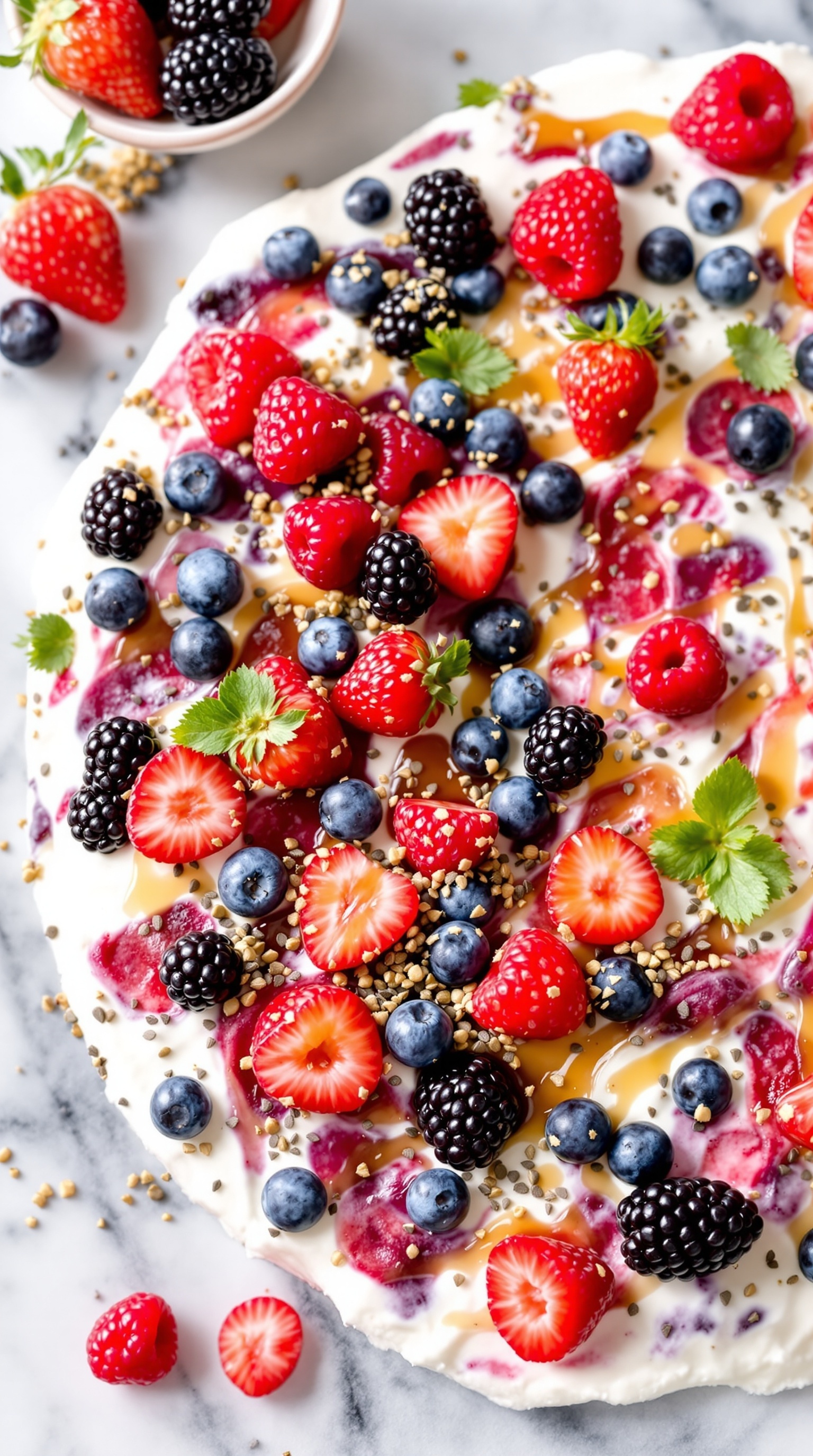 Mixed Berry Chia Cottage Cheese Bark topped with fresh berries and chia seeds