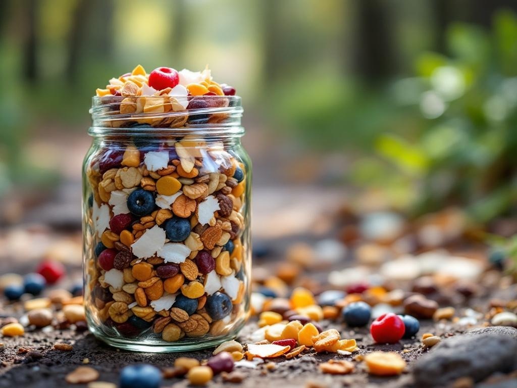 A jar filled with colorful nut-free trail mix, including seeds, dried fruits, and coconut flakes.