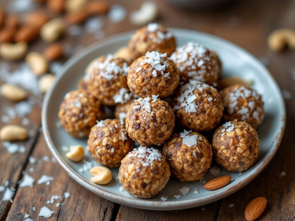 A plate of nutty energy bites sprinkled with coconut flakes, surrounded by nuts.