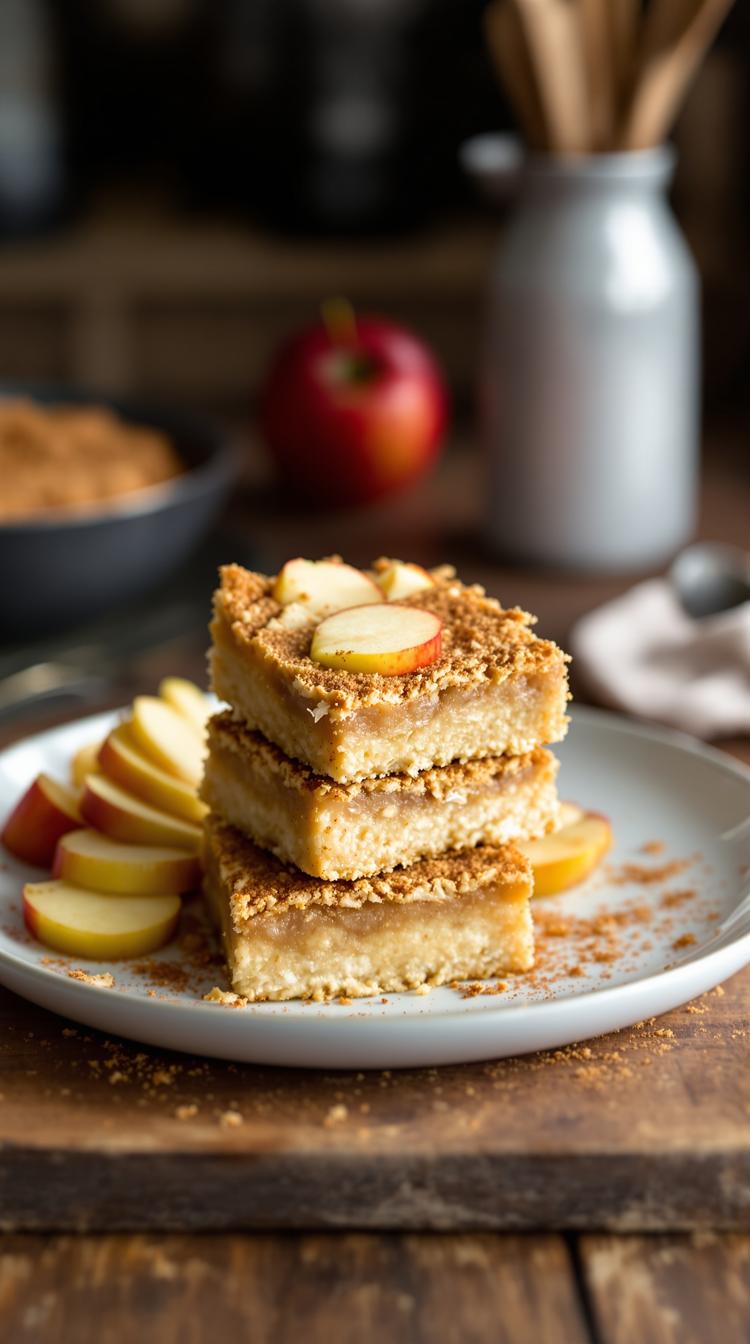 Paleo Apple Pie Bars with coconut crust, topped with apple slices, served on a white plate with apple slices on the side.