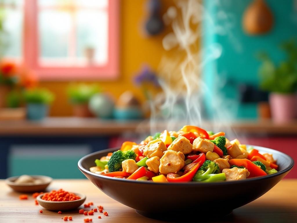 A colorful bowl of chicken and vegetable stir-fry with steam rising, set in a cozy kitchen.