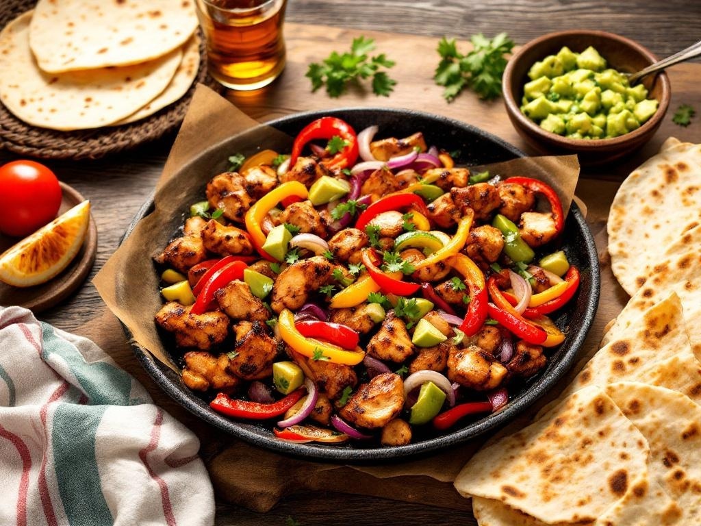 A plate of colorful Paleo Chicken Fajitas with avocado salsa, tortillas, and fresh ingredients.