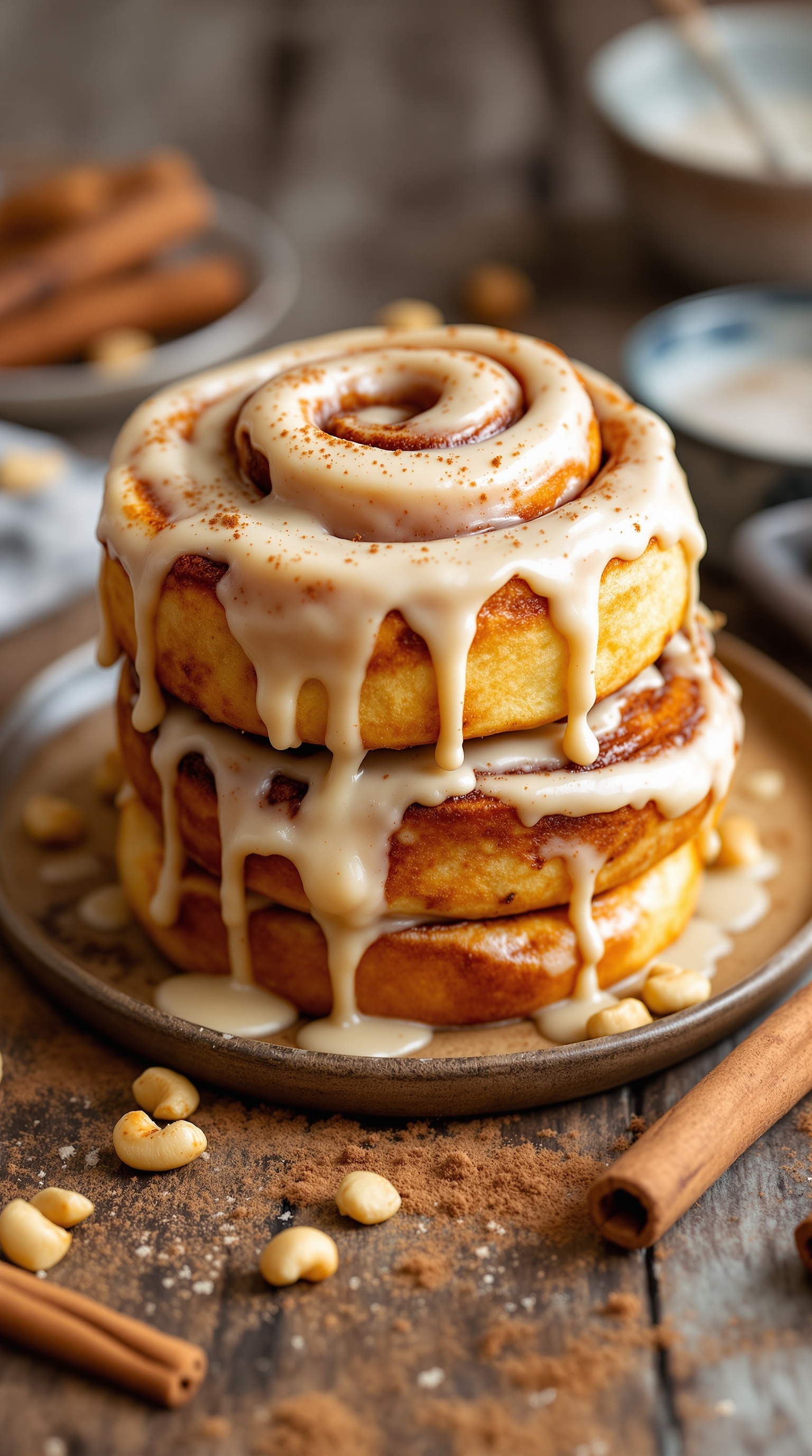 Paleo cinnamon rolls topped with cashew cream glaze, sprinkled with cinnamon, on a rustic wooden table.
