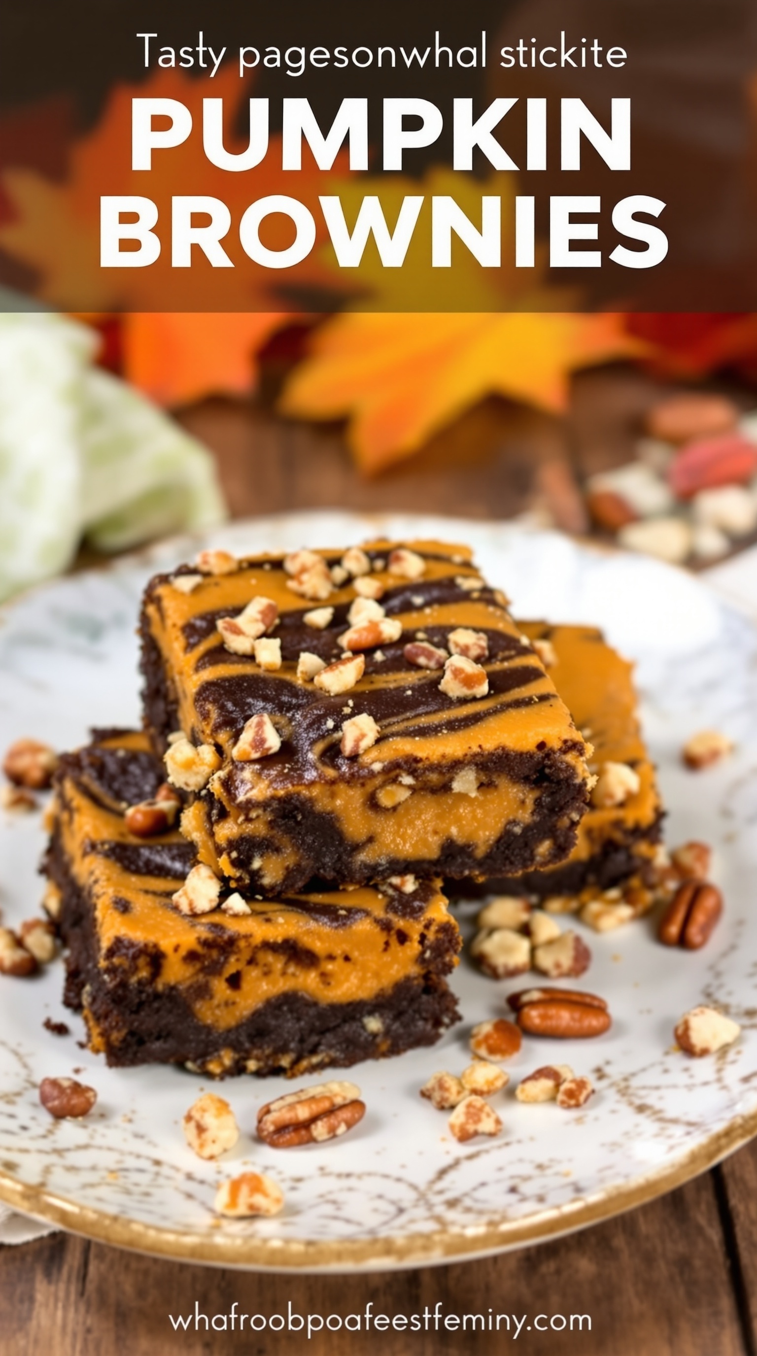 Paleo Gooey Pumpkin Brownies with Pecan Swirl on a decorative plate surrounded by autumn leaves and nuts.