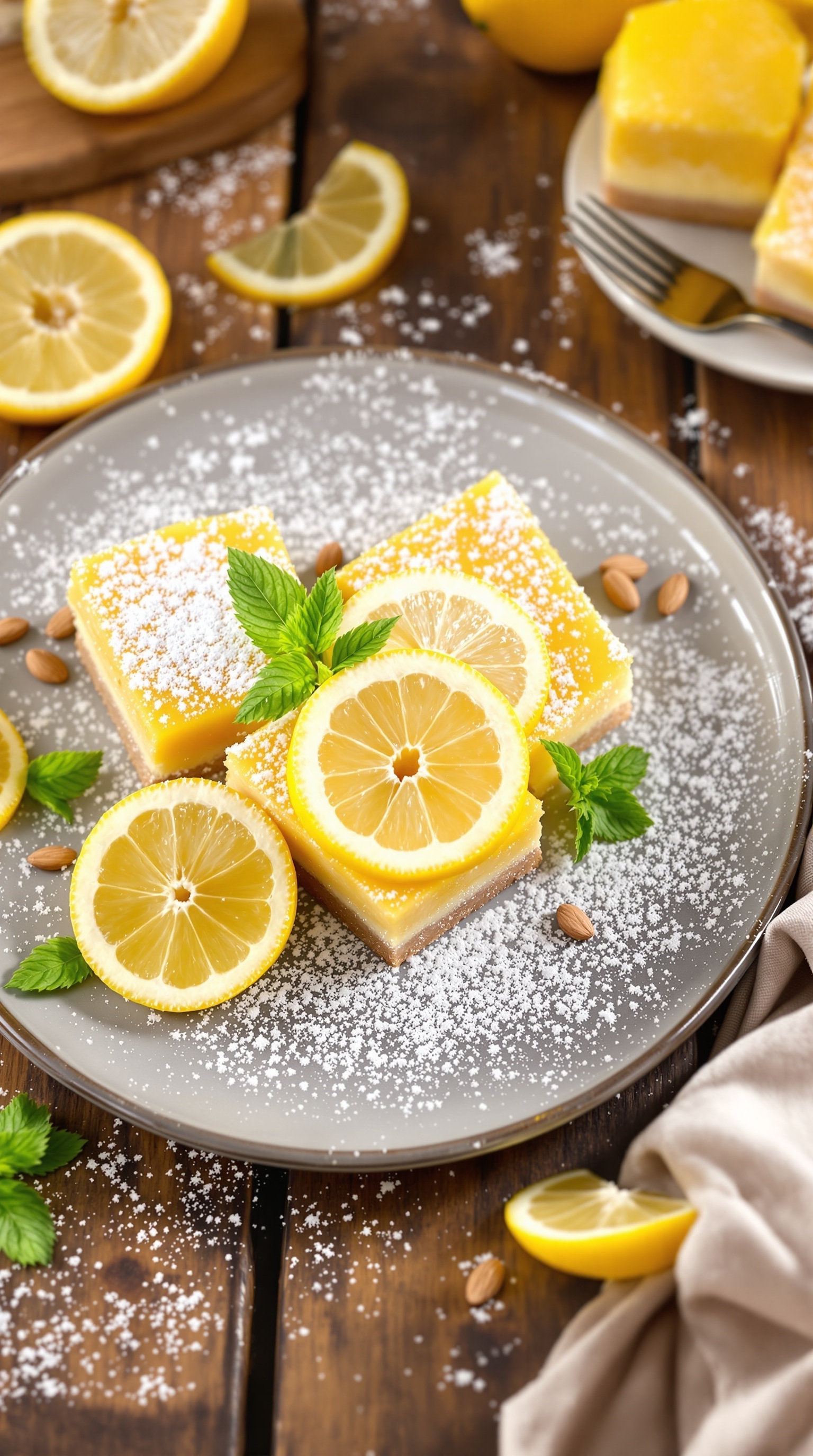 Paleo lemon bars with almond flour crust, garnished with lemon slices and mint leaves