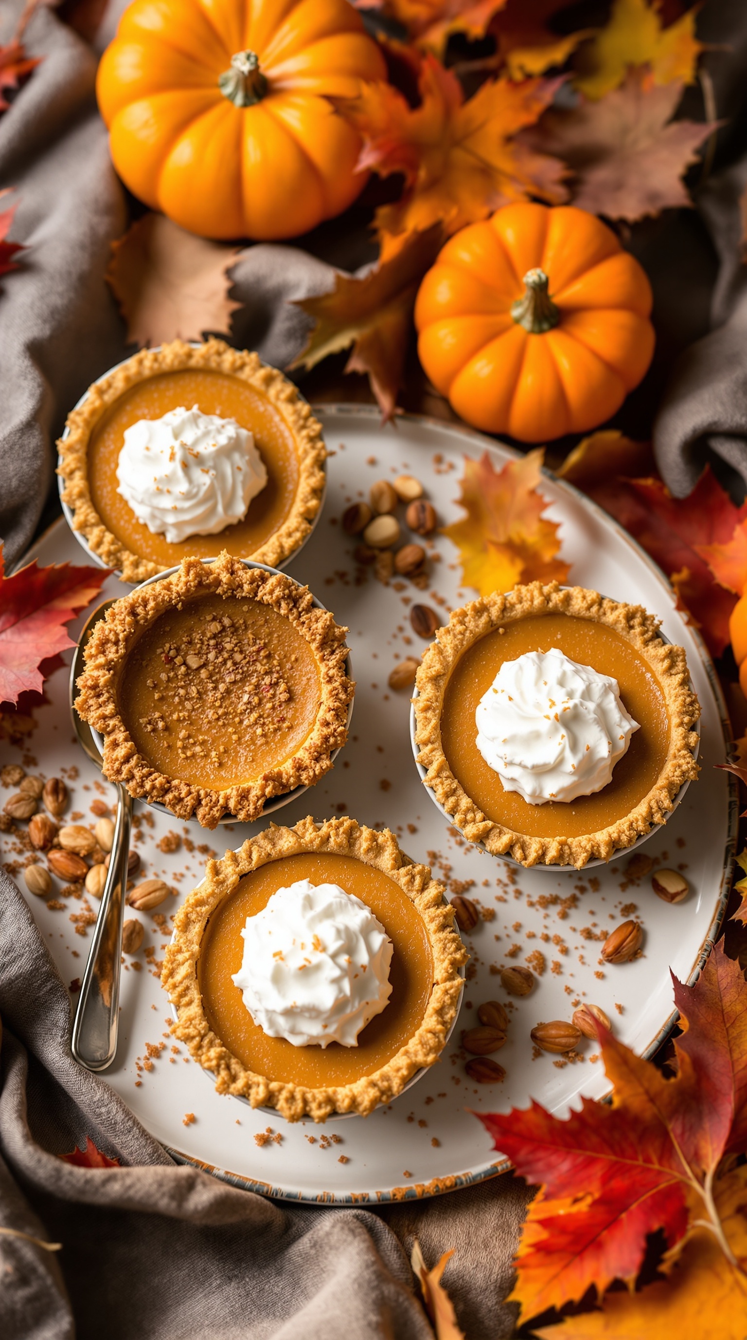 Mini pumpkin pies with whipped cream on a plate, surrounded by autumn leaves and small pumpkins.