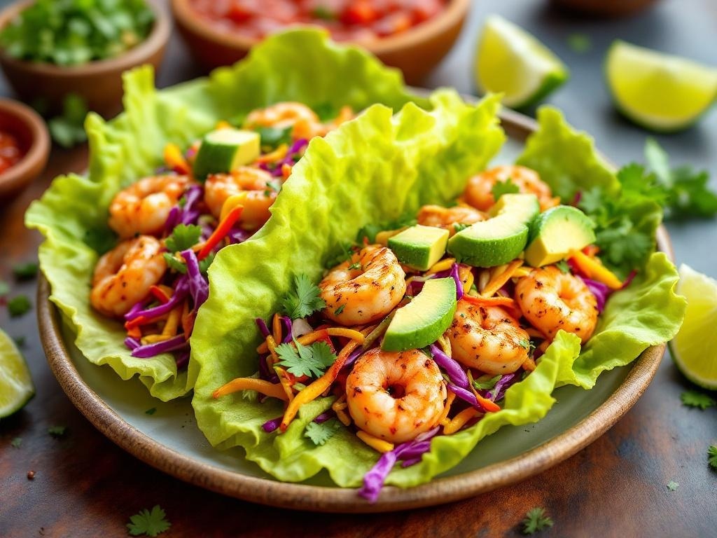 Paleo shrimp tacos with cabbage slaw, avocado, and lime on a plate