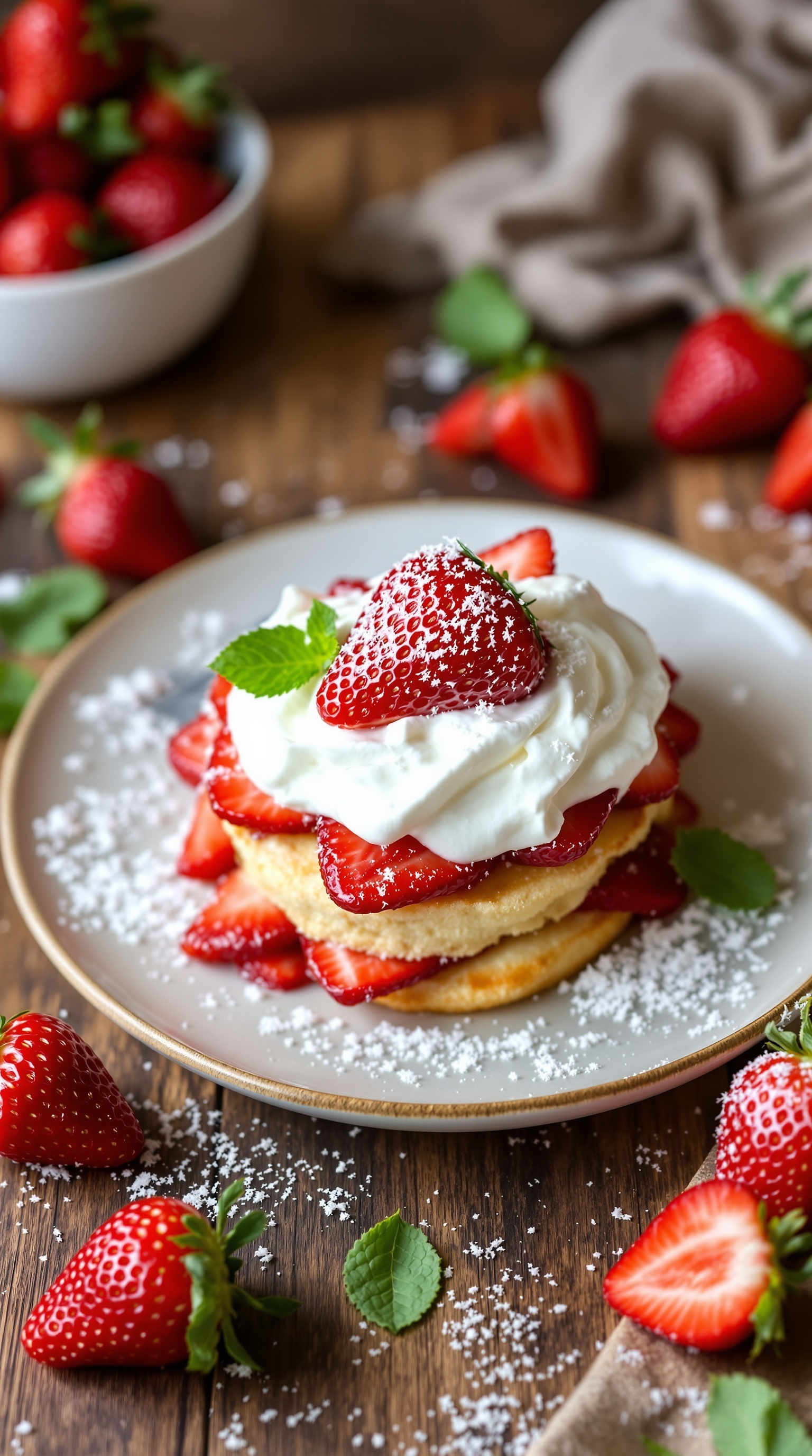 Paleo Strawberry Shortcake with Coconut Whipped Cream topped with fresh strawberries and mint leaves.