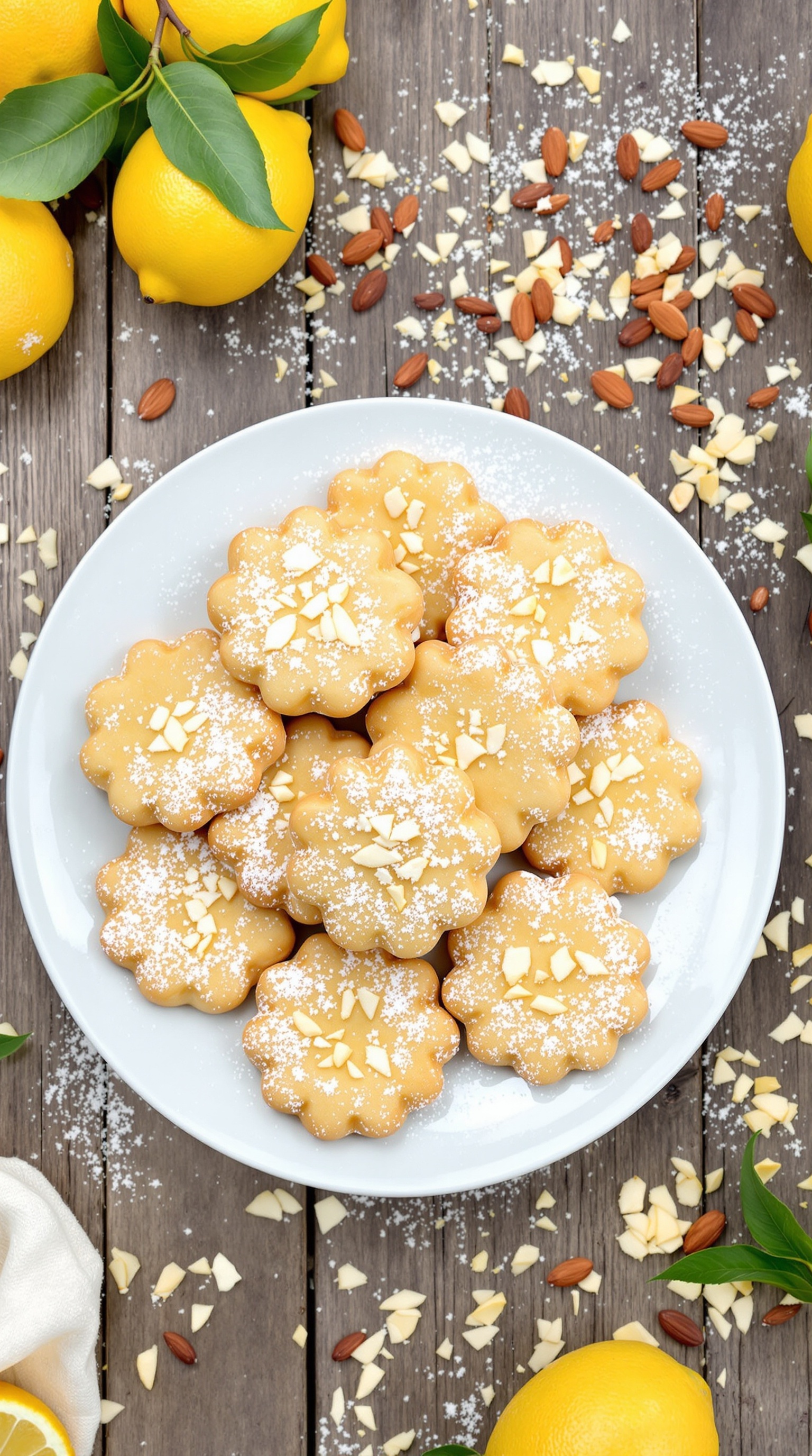 Plate of Paleo Zesty Lemon Almond Cookies with lemons and almonds scattered around