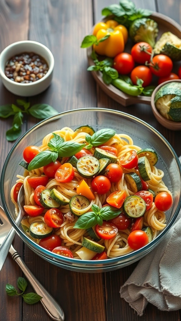 A bowl of Pasta Primavera Salad with colorful vegetables and pasta, garnished with fresh basil.