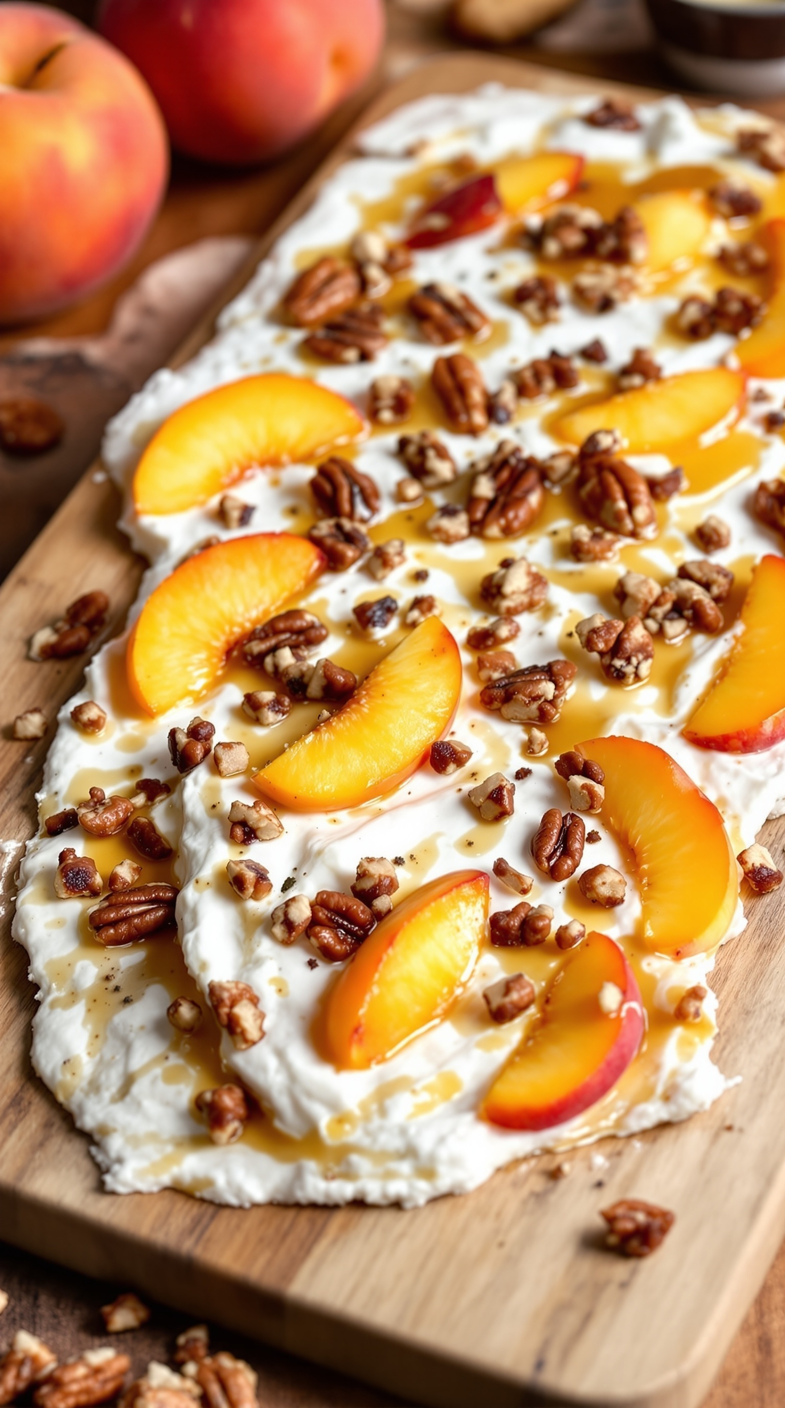 Peach Pecan Cottage Cheese Bark with peaches and pecans on a wooden board