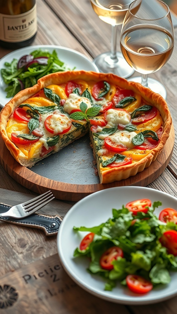 A delicious quiche with colorful vegetables, served with a side salad and glasses of white wine.