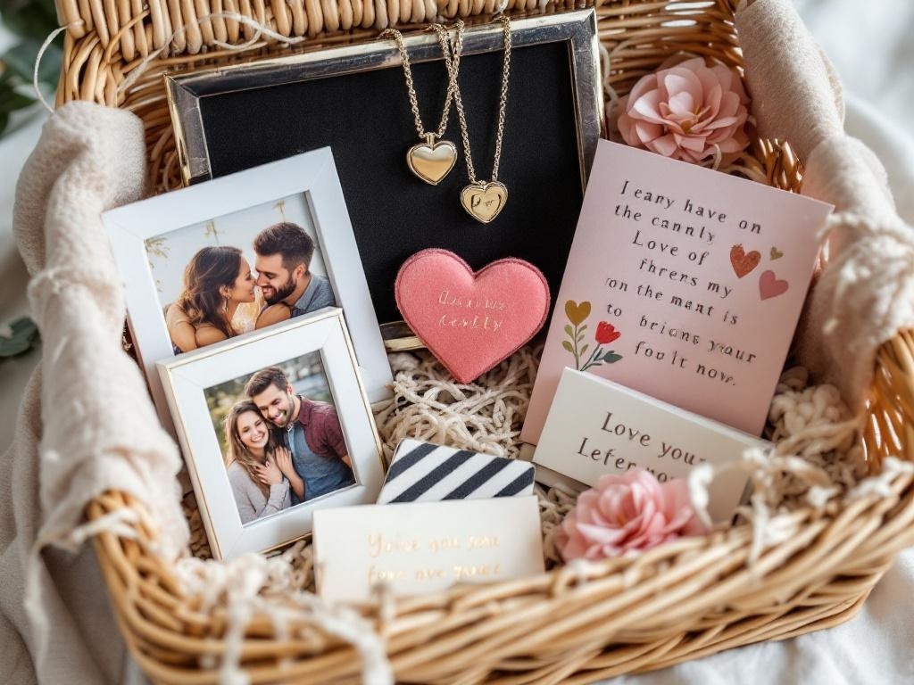 A beautifully arranged personalized keepsake basket with framed photos, a necklace, and heartfelt notes.