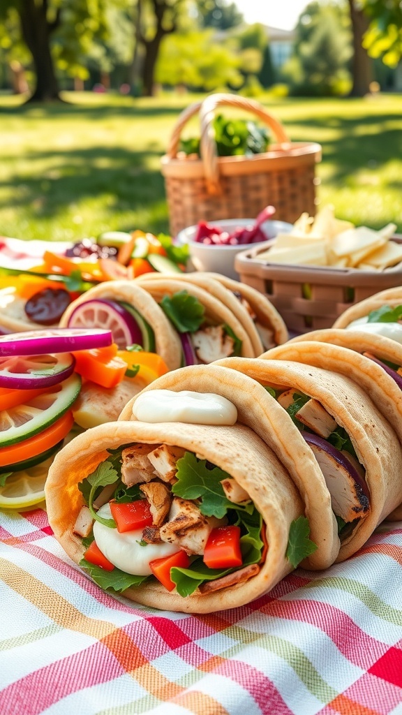 Pita pocket sandwiches filled with grilled chicken, lettuce, and colorful vegetables on a picnic blanket.