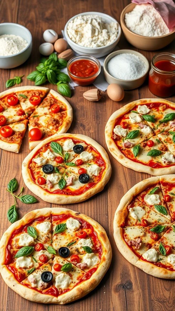 Homemade pizzas with various toppings on a wooden table