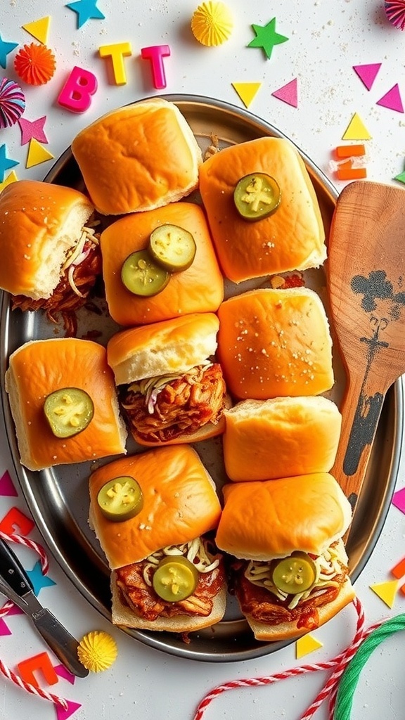 A platter of pulled BBQ chicken sliders with colorful decorations around it.