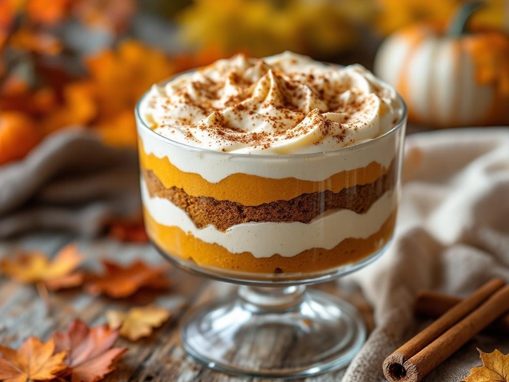 A delicious Pumpkin Spice Cream Trifle layered with pumpkin cream and spiced cake, garnished with cinnamon.
