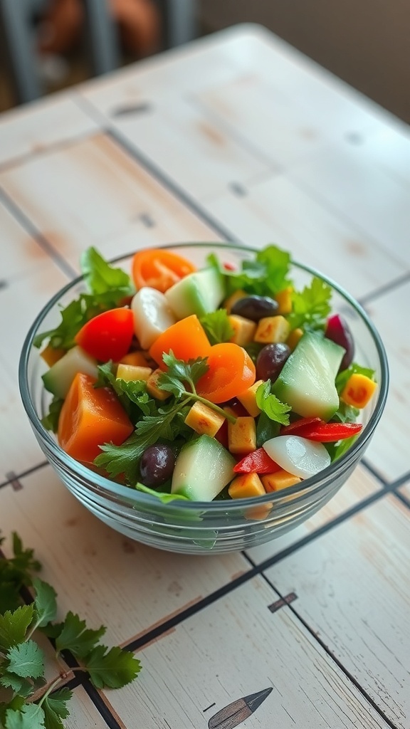 A colorful salad with mixed greens, cherry tomatoes, cucumber, bell pepper, carrots, olives, and cheese in a glass bowl.