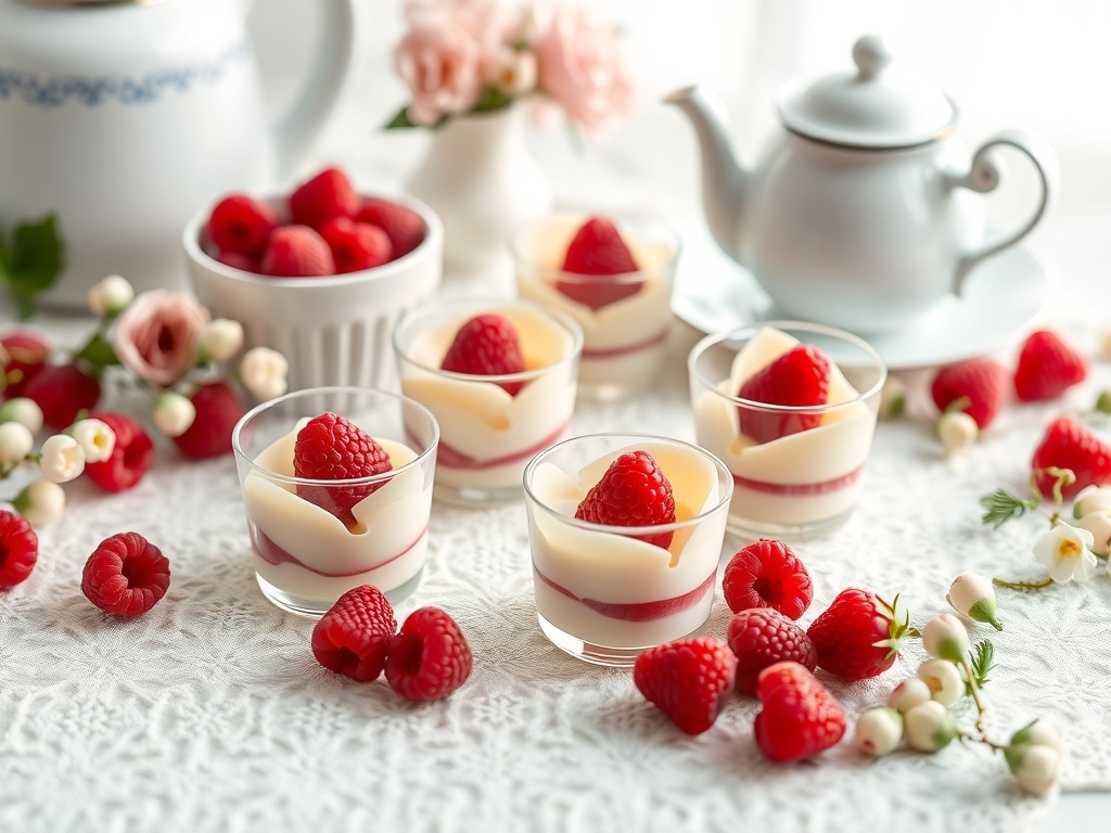 Mini dessert cups with raspberry and white chocolate, surrounded by fresh raspberries and flowers.