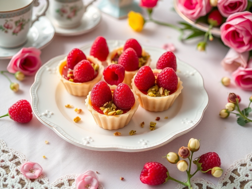 Raspberry pistachio tartlets on a decorative plate with flowers