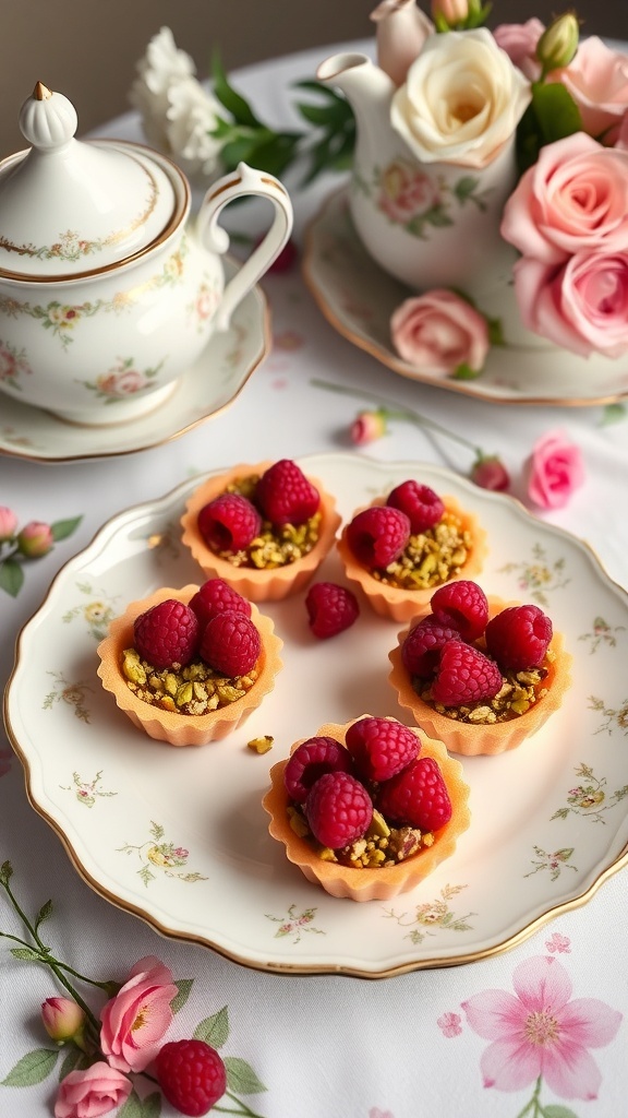 Raspberry pistachio tartlets on a decorative plate with flowers and a teapot in the background.