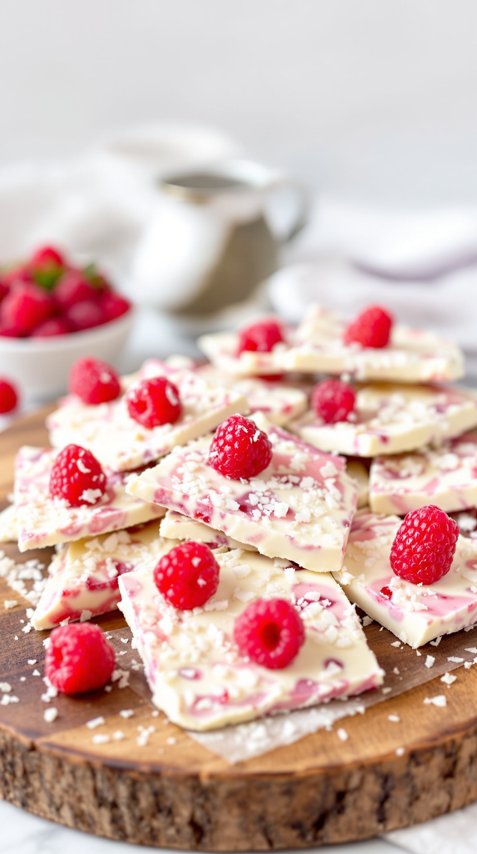Raspberry White Chocolate Cottage Cheese Bark on a wooden board with fresh raspberries.