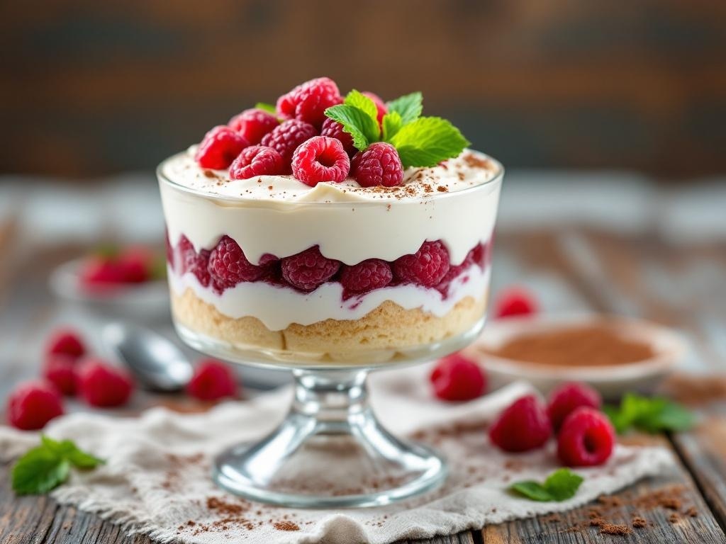 A beautiful Raspberry White Chocolate Trifle in a glass dish, layered with raspberries, white chocolate cream, and sponge cake.
