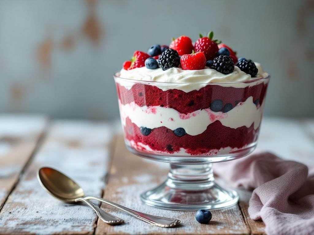 A beautiful red velvet berry trifle with layers of red velvet cake, whipped cream, and fresh berries.