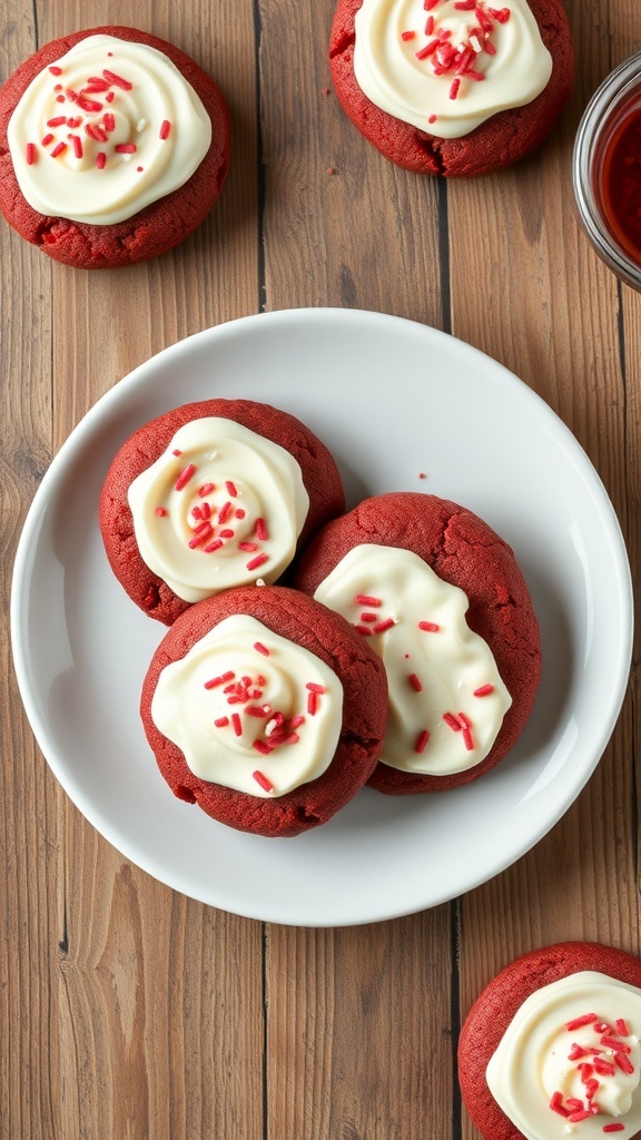 Red velvet cake mix cookies topped with cream cheese frosting and red sprinkles on a white plate.