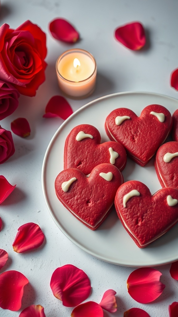 Plate of red velvet heart cookies surrounded by rose petals and a candle