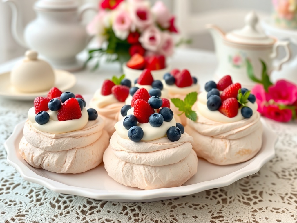 Mini pavlovas topped with strawberries and blueberries on a decorative plate